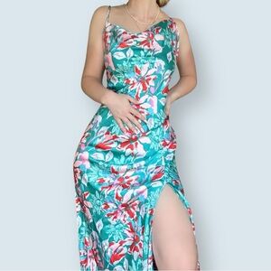 Paper Heart Turquoise Floral Satin Maxi Dress  (Size Extra Small)